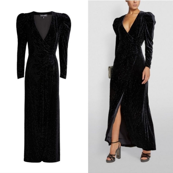 Retrofete‎ Black Studded Sequin Crystal Agnes Wrap Long Sleeve Maxi  Dress XS - Picture 1 of 11